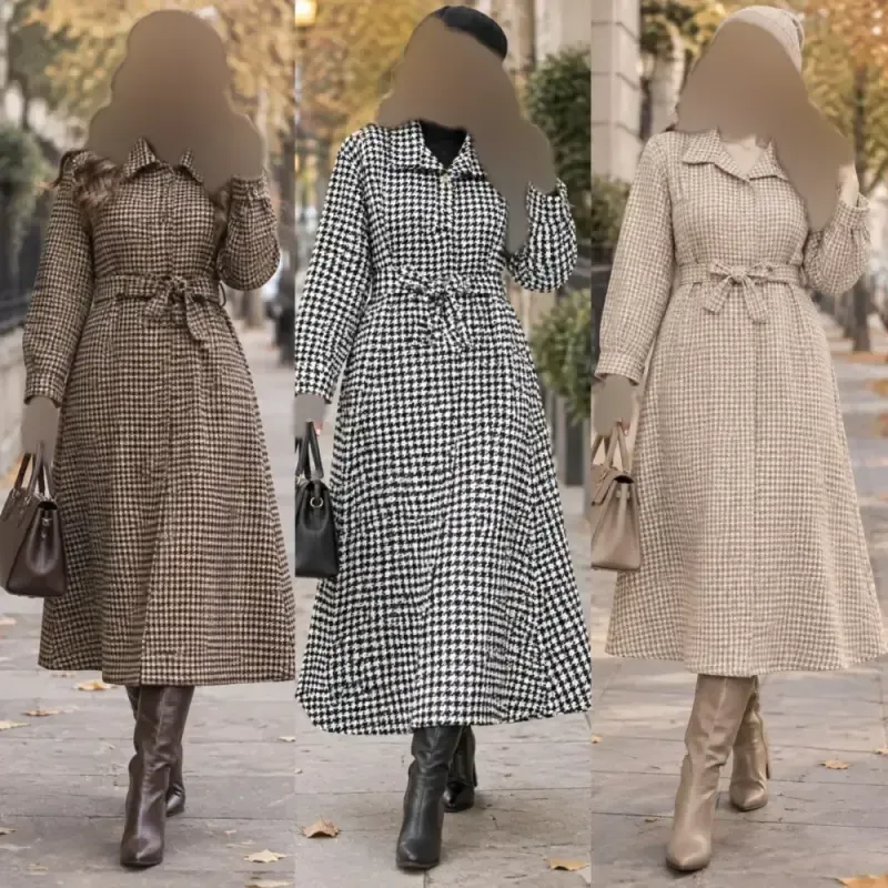 کفتان موهردار زنانه جنس تافته ضخیم کمربنددار قد 120