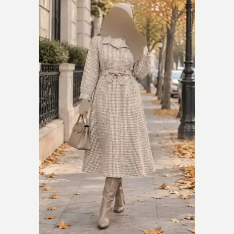 کفتان موهردار زنانه جنس تافته ضخیم کمربنددار قد 120