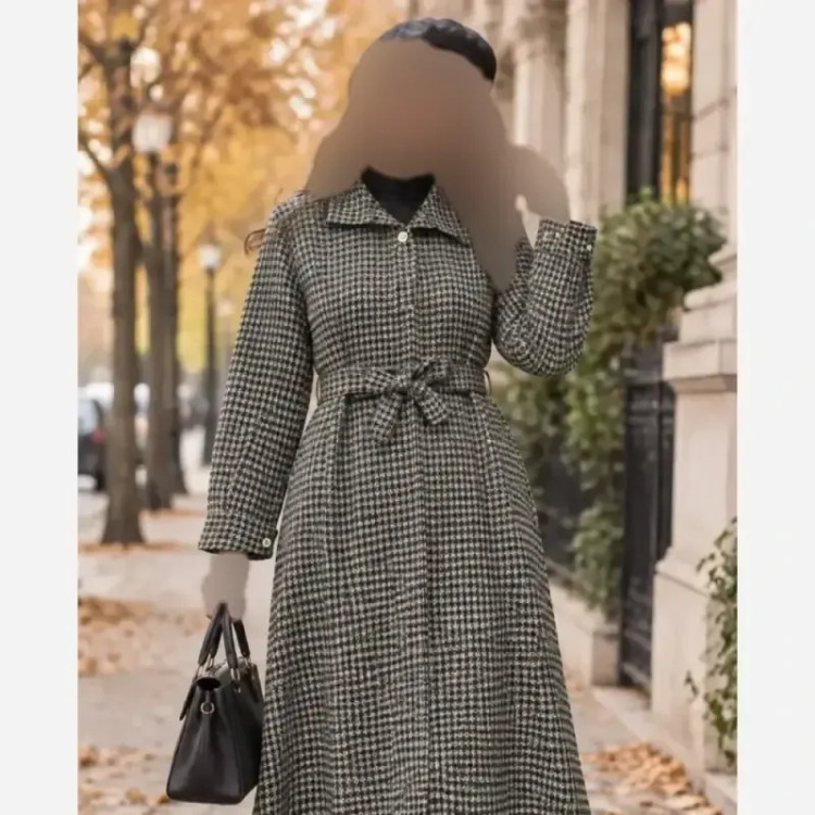 کفتان موهردار زنانه جنس تافته ضخیم کمربنددار قد 120