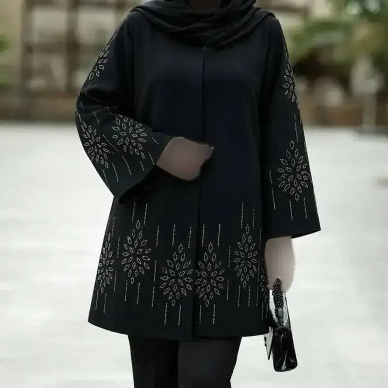 کت مجلسی زنانه جنس شانتون اندوزی جت بلک رنگ مشکی