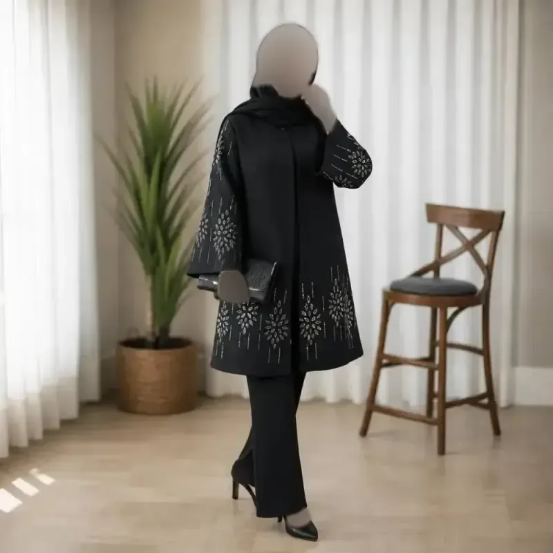 کت مجلسی زنانه جنس شانتون اندوزی جت بلک رنگ مشکی