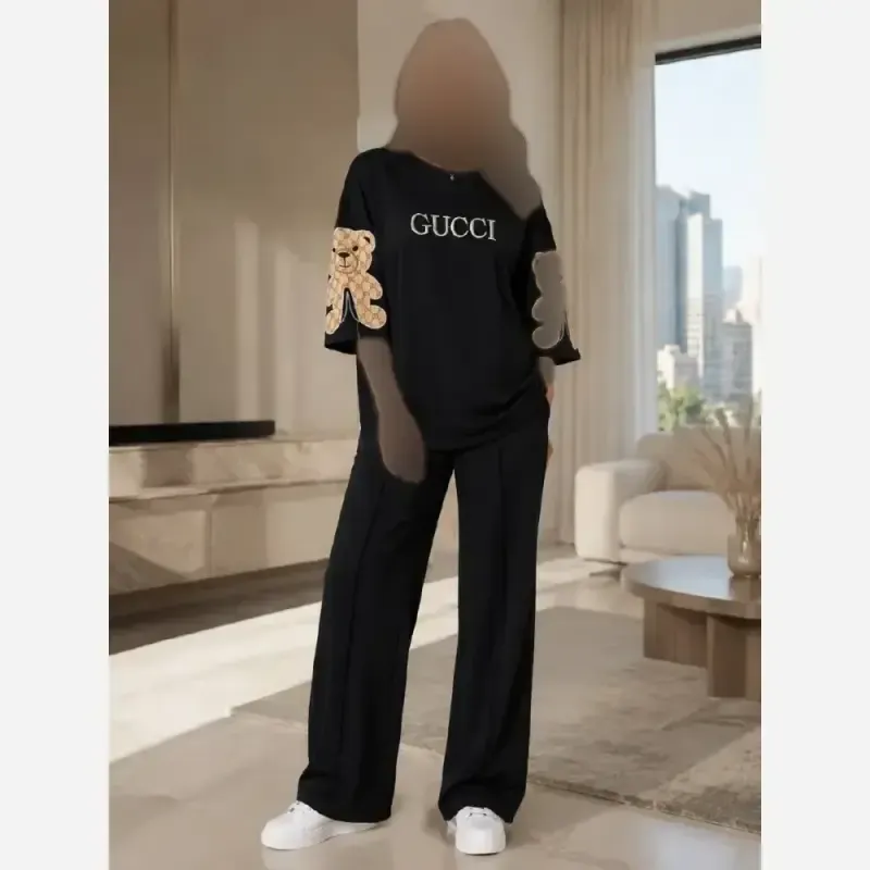 ست زنانه خرسی دورس پنبه پاییزه مشکی فری سایز