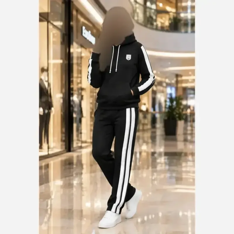 ست هودی شلوار دورس سه نخ تو کرکی مشکی مردانه سایز XL و XXL