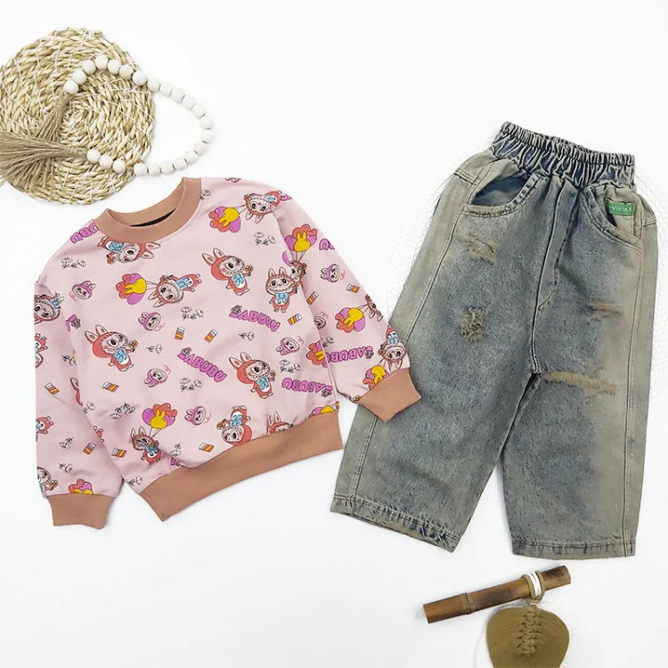 ست بلوز و شلوار جین بگ دخترانه طرح لبوبو