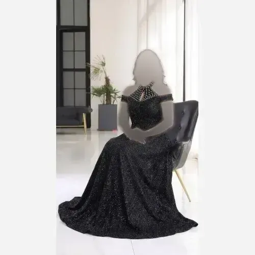ماکسی مجلسی زنانه دانتل چمنی مشکی کاپدار نگین دار سایز بزرگ