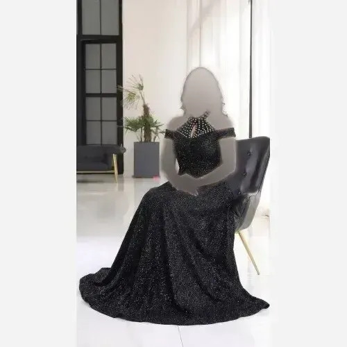 ماکسی مجلسی زنانه دانتل چمنی مشکی کاپدار نگین دار سایز بزرگ