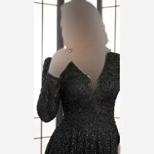 لباس مجلسی دانتل چمنی مشکی بلند کاپ دار سنگدوزی شده سایز بزرگ