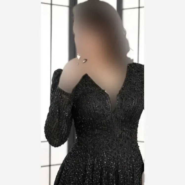 لباس مجلسی دانتل چمنی مشکی بلند کاپ دار سنگدوزی شده سایز بزرگ