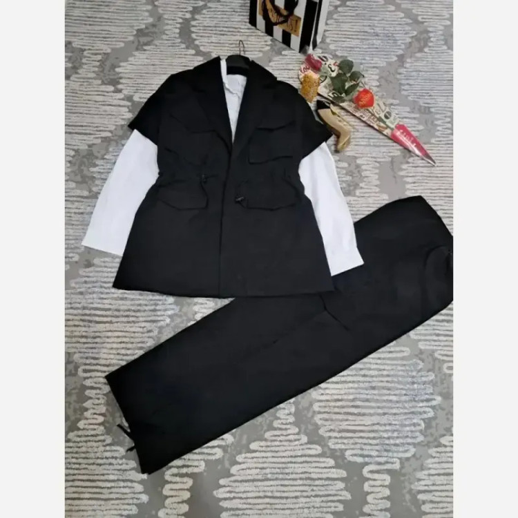 ست سه تیکه شومیز وست و شلوار میکرو کجراه و تترون خردلی فری سایز