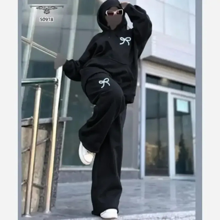 هودی و شلوار زنانه جنس پنبه گلکسی رنگ مشکی سایز فری 38 تا 46