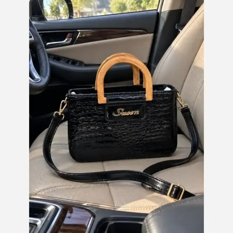 کیف دستی و دوشی زنانه دسته چوبی مدل گیشا چرم ورنی